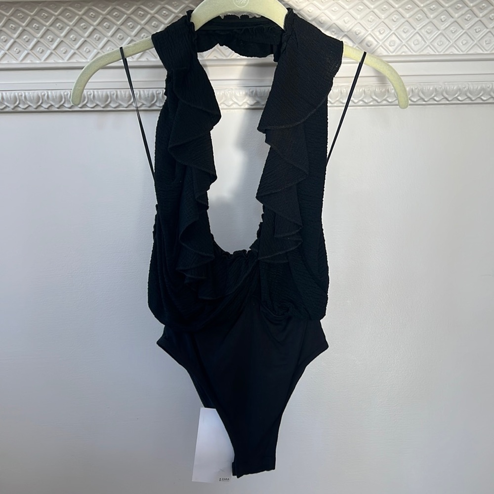 NWT Zara W Collection Black Low V Ruffle Bodysuit Sz S